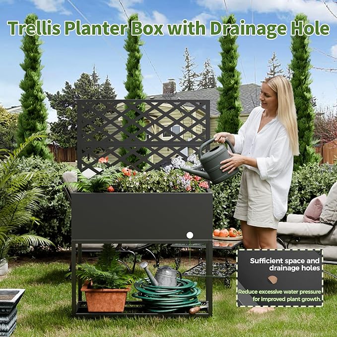 Metal Planter Box with Trellis,55" H x35 W Raised Garden Beds with Privacy Screen for Climbing Plants Flower, Elevated Standing Planter Garden Bed with Drainage Holes for Outdoor Patio,Black
