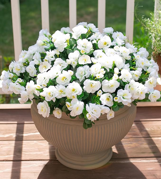Ivydale Artificial Fake White Flowers Plants for Spring Outdoor Outside, Faux Silk Camellia UV Resistant Realistic for Front Door Porch Patio Balcony Garden Yard Decor, 3 Large Bundles