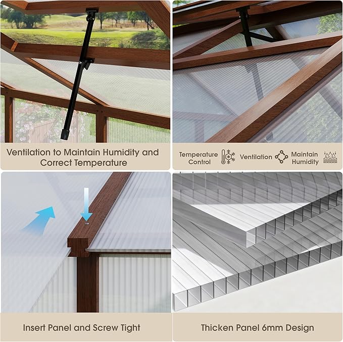 Large Walk in Greenhouse for Outdoors, 6x8 FT Length Heavy Duty Polycarbonate Panel Wooden Frame with Roof Vent & Lockable Outward-Opening Swing Door, All Season Garden Greenhouse for Backyard Patio