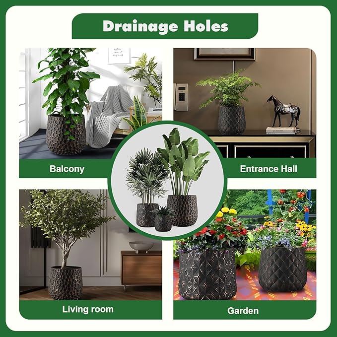 ShangDemonMaster Craft flowerpots 18"+13"+9" Dia Round Concrete Planter Set of 3 Large Outdoor/Indoor Planter Pots Containers with Drainage Holes and Rubber Plug for Home Garden (Black, Large)