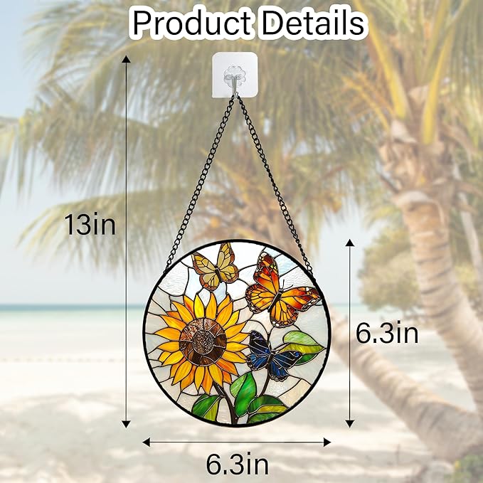Stained Glass Window Hanging, Butterfly and Sunflowers Sun Catchers Glass Panel Plant Insects Suncatcher Decor for Birthday for Women, Men, Wife, Aunt, and Mom 6.3 in