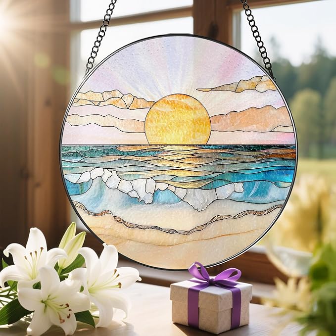 LAOWEIKI 8'' Ocean Sunset Suncatcher Ornament, Stained Glass Window Hanging, Suncatchers for Windows Hanging Ornaments, Window Decor | Beach Lover Gift, Summer Vibes Gift, Gifts for Friends, Famliy