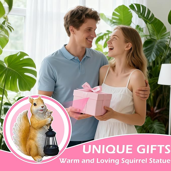 Solar Garden Statues Outdoor Decor – Cute Squirrel Statue with LED Lights, Waterproof Animal Figurine Lawn Ornament for Yard, Patio or Porch, Garden Decor Gift for Women & Mom