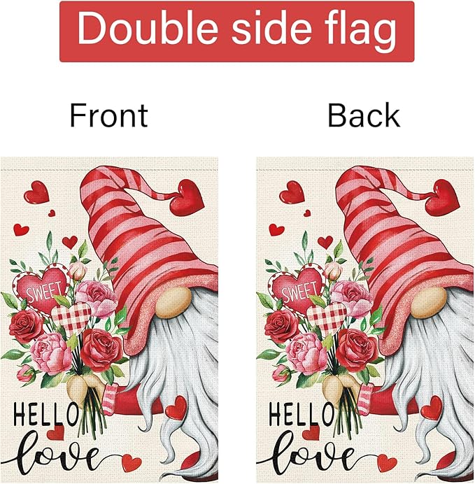 Louise Maelys Hello Love Valentine's Day Garden Flag Gnome Floral Heart 12x18 Inch Double Sided Welcome Small Burlap Spring Holiday Yard Outdoor Home Decor