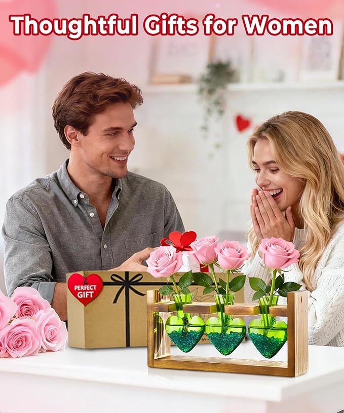 Nacome Plant Terrarium Propagation Stations: Valentines Day Gifts for Her Plant Lovers Women Mom Wife Daughter - 3 Bulb Glass Vase with Wooden Stand Tabletop for Hydroponics Indoor Home Decor(Green)