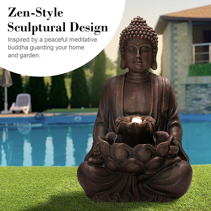 Glitzhome Buddha Fountain with Pump & LED Light, 2 Tier Zen Style Meditating Buddha Water Fountain Outdoor Fountains and Waterfalls Floor Fountains Buddhas Statues for Garden Patio Backyard 23.25" H