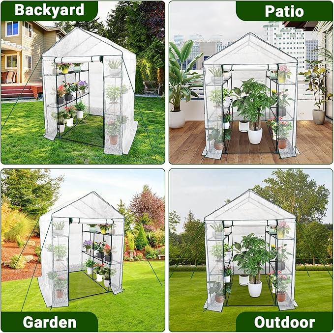 Walk-in Greenhouse for Outdoors, Small Green House Outdoor with 3-Tier Shelves, Roll-Up Zippered Door & Mesh Window, All-Season Plant House for Vegetables Herbs Flowers for Patio Backyard Gardening
