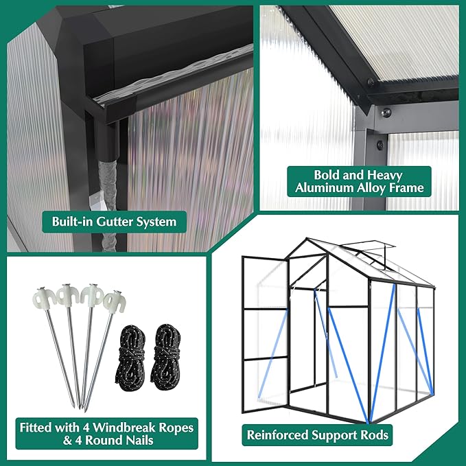 6x10 FT Greenhouse,Outdoor Greenhouse W/ Roof Vent,Walk-in Aluminum Polycarbonate Green House W/ Drainage System & Ground Nails,Green Houses for Outside Garden,Backyard,Patio,Lawn,Black