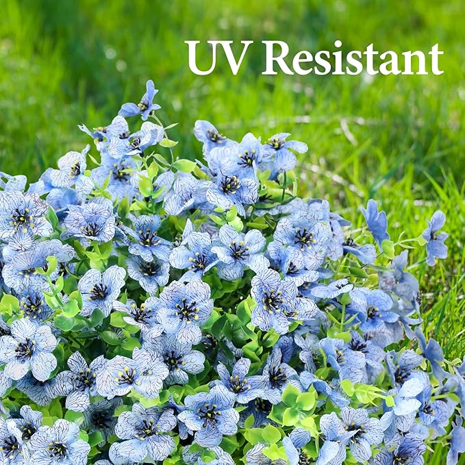 ATTGREAT Artificial Flowers Outdoor Faux Plants UV Resistant Fake Patio Flowers Plastic Greenery Plnats Outside Bulk for Spring Garden Hanging Planter Home Vase Decor, 12 Bundles (Blue)