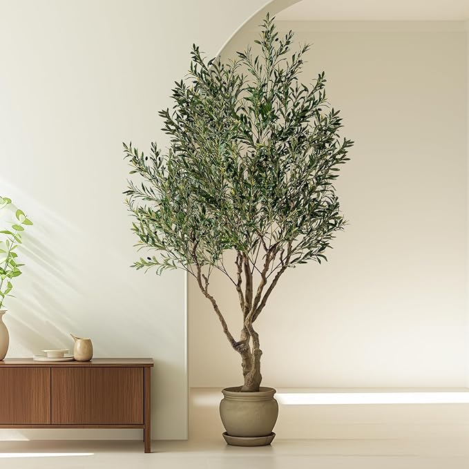 Erimda 7.5FT Artificial Olive Tree Tall Faux Silk Plant Tall Faux Olive Tree with Natural Wood Trunk & Lifelike Fruits Fake Potted Tree or Home Office Decor
