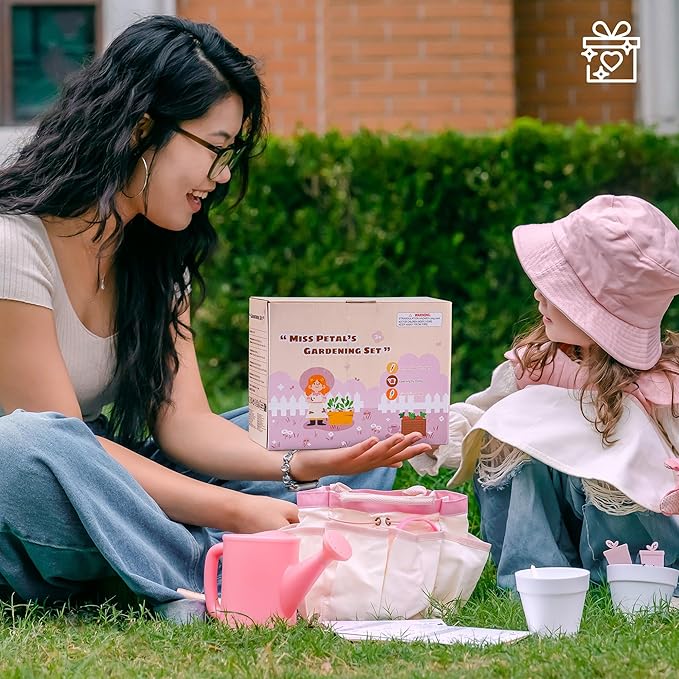 ROBOTIME Kids Gardening Set, 17PCS Kids Gardening Tools for Girls, Toddler Gardening Set with Hat, Apron, Gloves, Watering Can & Tool Bag – Outdoor Garden Toy Kit (Pink)