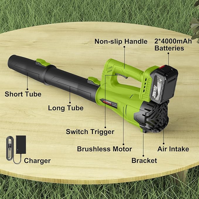 Leaf Blower Cordless with 2 x 4.0 Ah Battery and Charger, 160MPH/580CFM High Power Lightweight Handheld Electric Snow Blower with 2 Extended Tubes for Lawn, Yard, Leaves, Dust, Snow Care (Green)