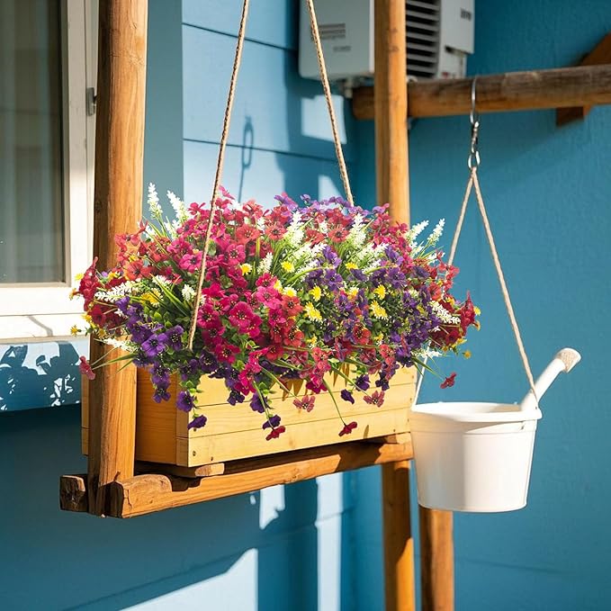 Grunyia 20 Bundles Artificial Flowers Outdoor No Fade UV Resistant Fake Plastic Flowers Faux Plants for Garden Patio Porch Window Box Home Wedding Farmhouse Hanging Décor