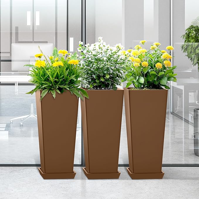 TUYOHW 24 Inch Tall Tapered Square Planters (Set of 2) - Indoor Outdoor Large Flower Pots with Built-in Drainage & Matching Water Tray for Patio, Garden, Home - Brown