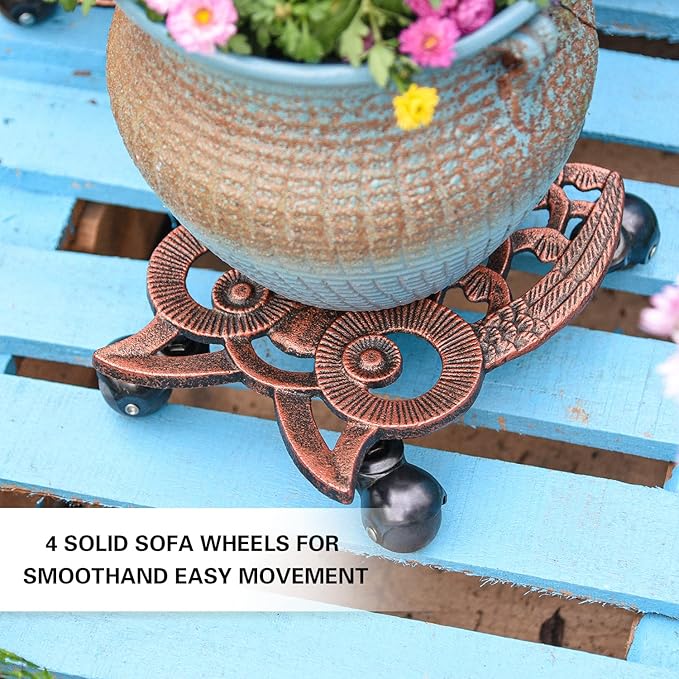 Sungmor Heavy Duty Cast Iron Plant Caddy with Wheels - 2 Pack Vintage Owl Design Plant Stand, Metal Rolling Plant Tray for Indoor & Outdoor Use - 11 Inch, Antique Bronze
