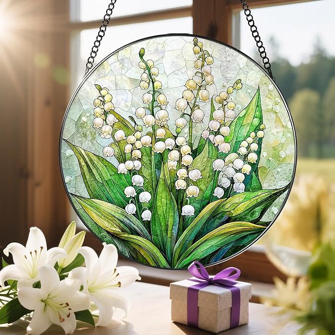 LAOWEIKI 8'' Lily of the Valley Sun Catcher Ornament, Stained Glass Window Hanging, Suncatchers for Windows Hanging Ornaments, Window Decor | Flower Lover Gift, Mother's Day, Christmas, Birthday Gifts