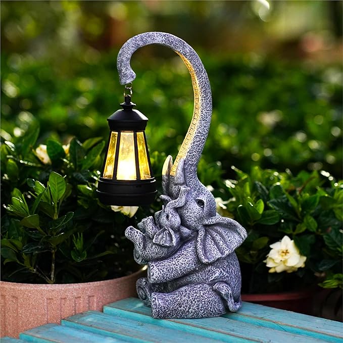 Pohabery Elephant Outdoor Statues with Cute Baby Garden Decor, Resin Elephant Figurines with Solar Lantern Outdoor Decoration Gifts for Mothers Day, Birthday Day