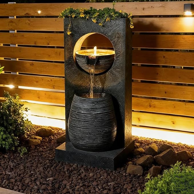 37.4’’ Tall Water Fountain Outdoor Modern Garden Fountains Layered Bowl Waterfall with LED Lights Top Planter Area for Garden, Patio, Yard, Office, Porch Home Art Decor