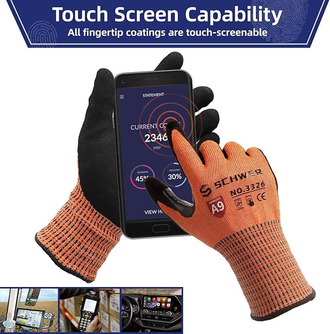 Schwer 12 Pairs ProGuard Highest Level Cut Resistant Work Gloves PR3326 for Extreme Protection,ANSI A9 Cut Gloves with Reinforced Thumb, Non Slip, Breathable, Durable, Touch-screen, Orange XL