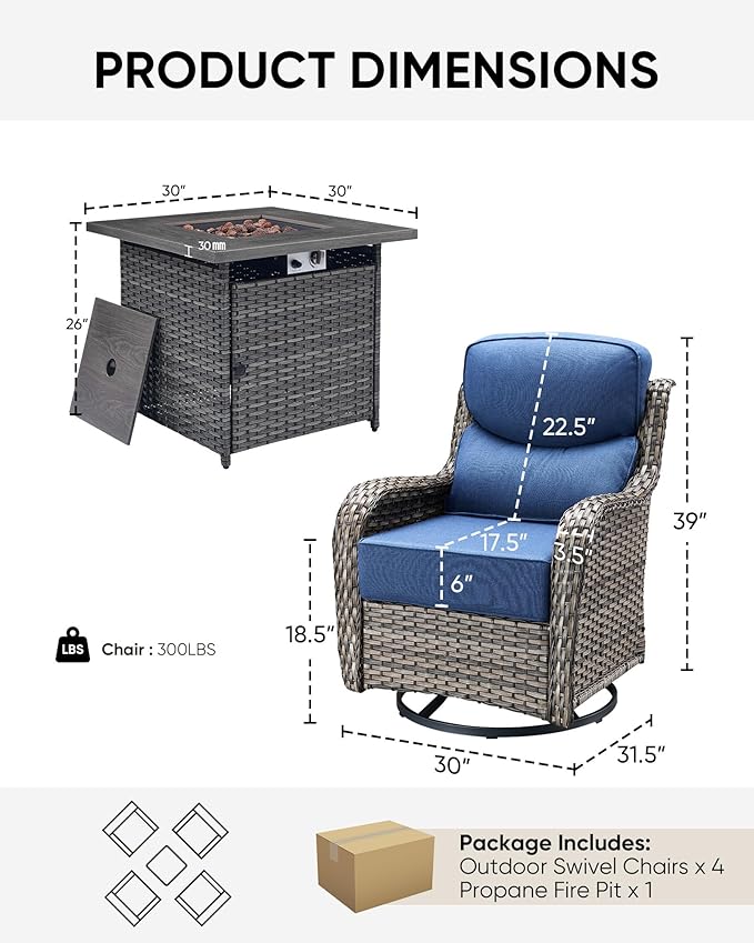 HUMMUH Wicker Patio Furniture Set with Patio Swivel Chairs Set of 4 and 50,000 BTU Fire Pit Table,6 Inch Thick Cushions High Back Outdoor Swivel Rocker Chairs Set for Porch, Balcony, Deck