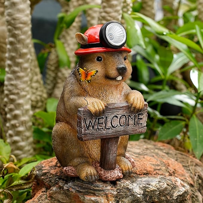 Groundhog Welcome Garden Statue with Solar Headlamp β Funny Animal Outdoor Yard Decor with LED Light and Butterfly β Waterproof Resin Garden Ornament for Patio, Lawn, Pathway