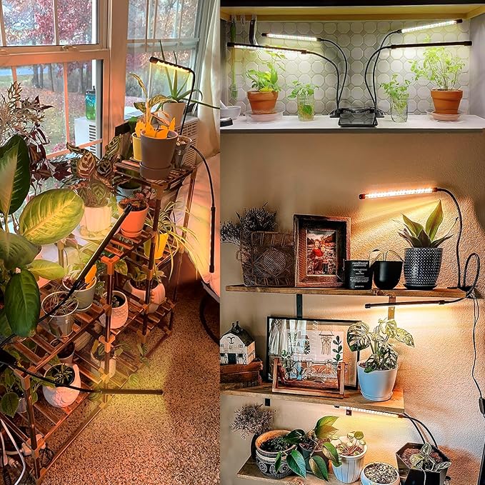 LPMZMBL Full Spectrum LED Grow Light for Indoor Plants, 2 Heads Grow Lights for Seed Starting, 10 Dimmable Levels & 3 Timer Modes (3/9/12H), Adjustable 360° Gooseneck with Clip, Plant Grow Lights