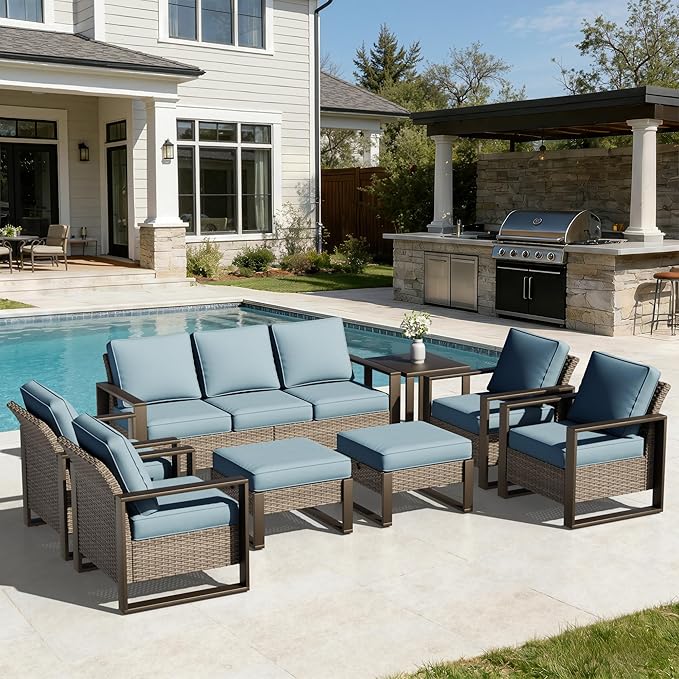 Joyside Outdoor Patio Chairs, 8 Pieces Wicker Rattan Furniture Set, 4 Patio Chairs, 1 Sofa, 2 Ottoman and 1 Table, Metal Wide Armrest, Thick Cushions and Deep Seating for Garden, Backyard, Porch
