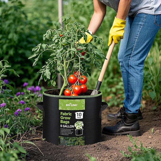 BN-LINK 10-Pack 5 Gallon Grow Bags, Heavy Duty Aeration Fabric Pots with Handles, Thickened Nonwoven Plant Bags for Vegetables, Flowers, Fruits