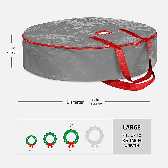 ZOBER Christmas Wreath Storage Container 36 Inch - Wreath Bag for Artificial Wreaths Box - Dual Zippered Wreaths Storage Bag with Strong Durable Handles - Gray