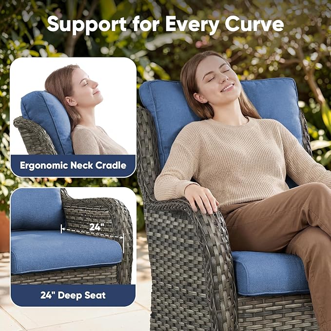 Belord High Back Patio Chairs Set of 2 - Gray Wicker Outdoor Seating, 4" Wide Armrests Rattan Outdoor Club Chairs with Blue Removable Cushion for Deck Porch Backyard