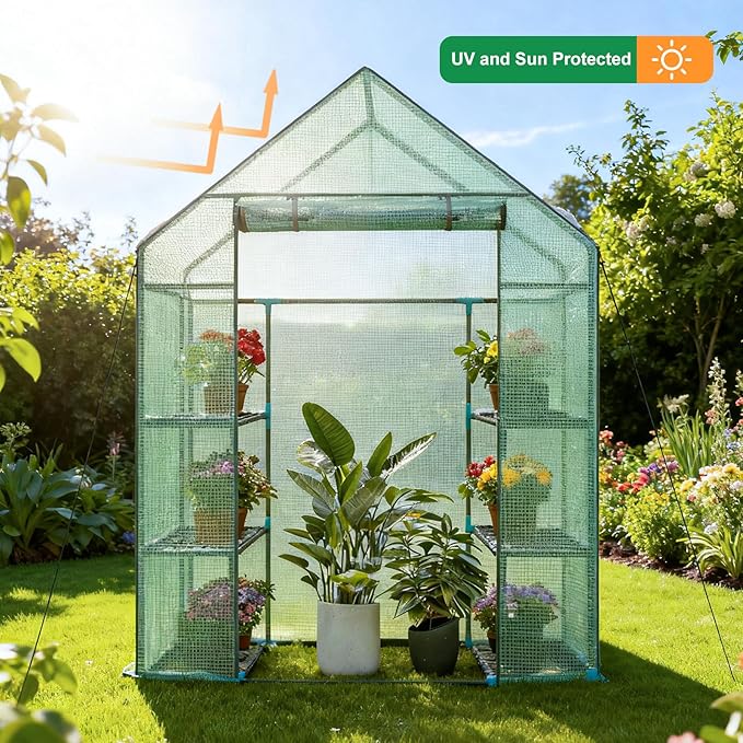 56x28x76 Greenhouse, Portable Green House for Outside Patio, Greenhouses Kit for Outdoor with Shelves, Thicken PE Cover, Ground Nail and Fixed Ropes (Green Cover, 4.6x2.3x6.3 FT)