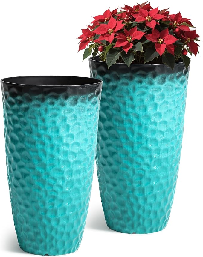 Ultym 23.75" H Large Tall Outdoor Planters, Set of 2 Plastic Large Flower Pots for Outdoor Plants, with Turquoise Teal Honeycomb Texture, Weather-Resistant for Porch, Garden, Patio or Indoor Use