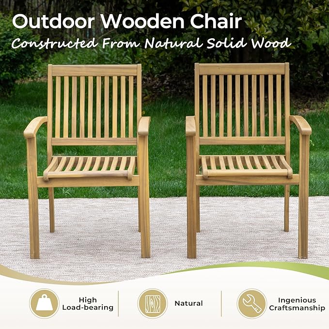 Acacia Wood Outdoor Dining Set, 7 Pieces Patio Dining Table and Chairs Set, Expandable Dining Table(1.97" Umbrella Hole) and 6 Wooden Chairs, Patio Furniture Set for Deck Poolside Backyard