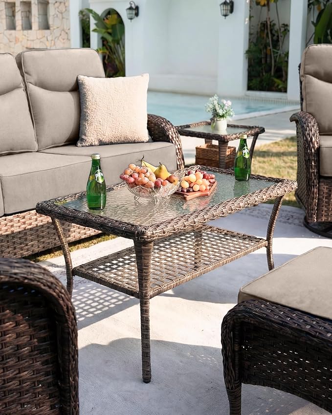 Belord Upgraded 6“ Cushion Luxury Patio Furniture Set with Fire Pit Table - 7 Piece Wicker Furniture Set with High Back Swivel Rocker Patio Chairs, Conversation Set for Deck Porch Yard - Brown/Beige