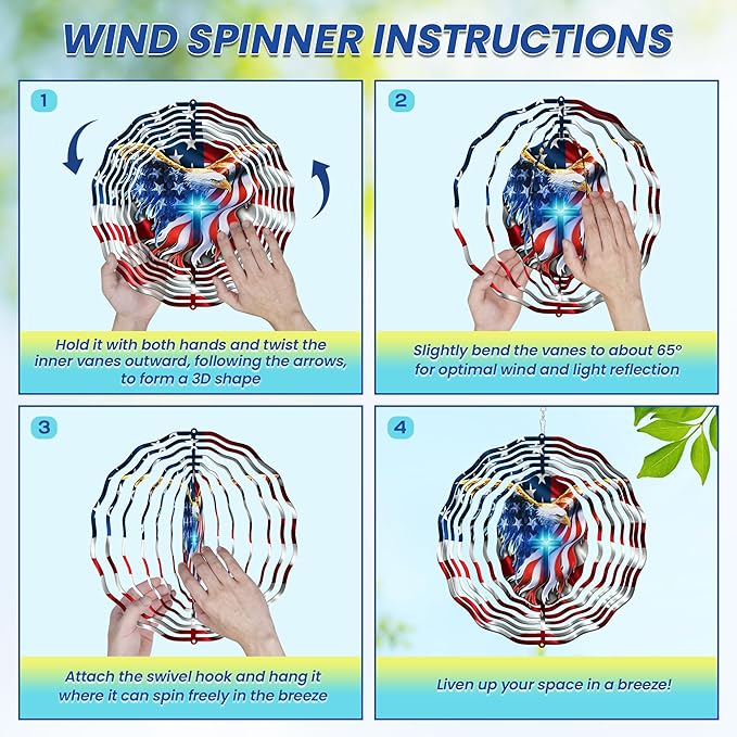 FLAGWIX American Eagle Decorations - 3D Stainless Steel Metal Wind Spinners 12 in - 4th of July Decorations for Window Yard Garden Patio, Patriotic Outdoor Decor, Eagles Gifts for Men Women Friends