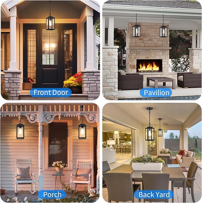 11'' Outdoor Pendant Light, Modern Outside Chandelier Outdoor Hanging Lantern Light, Matte Black with Clear Glass, Exterior Pendant Lighting Fixture for Porch, Yard, Gazebo, 1Pack