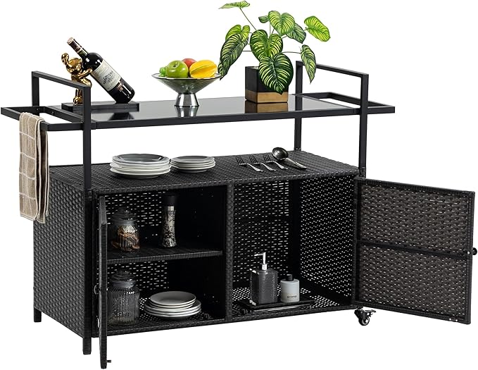 Outdoor Wicker Bar Cart, 51.18" Patio Wine Serving Cart with Tempered Glass Top, Rolling Beverage Table with Wheels & Storage Shelf for Garden, Backyard & Poolside, Black