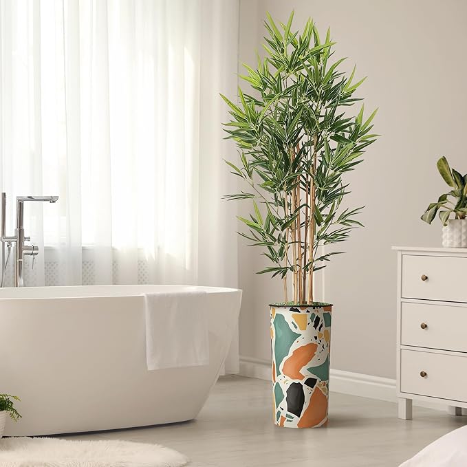Artificial Tree in Modern Geometric Pattern Planter, Fake Bamboo Silk TRE for Indoor and Outdoor Home Decoration - 70" Overall Tall (Plant Pot Plus Tree)