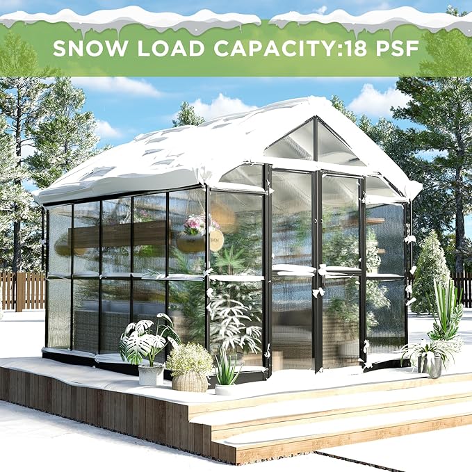 HOWE 8x10x7.5 FT Polycarbonate Greenhouse Double Swing Doors 2 Vents 5.2FT Added Wall Height, Walk-in Large Aluminum Sunroom Winter Greenhouse for Outdoors, Black