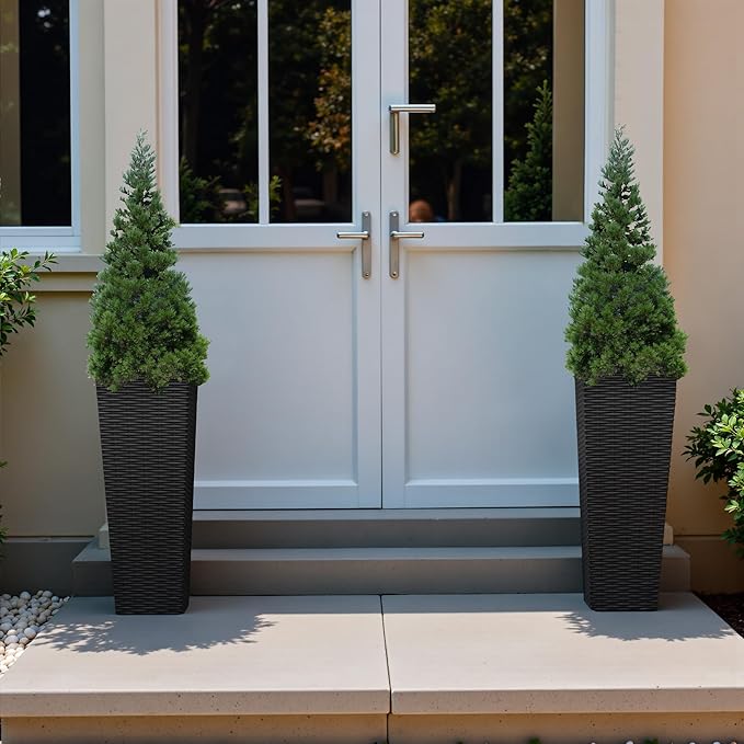 Flamaker Resin Rattan-Design Planters Set of 2, 24'' Tall Flowerpot with Additional Pot for Soil, Durable Weather-Resistant Planter with Drainage Holes for Garden, Patio, Backyard (Black, Small)