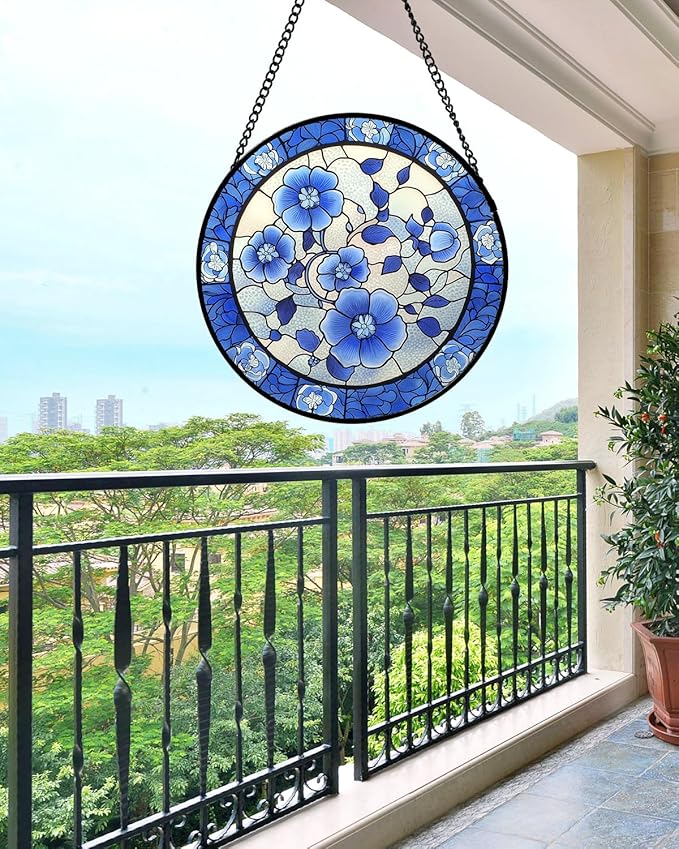 AMDERVEN Stained Glass Window Hanging, Blue and White Plum Blossom Sun Catcher for Door Home Decor Flowers Suncatcher Christmas Mother's Day Birthday Gifts for Women Men Mom and Nana 6.3 in