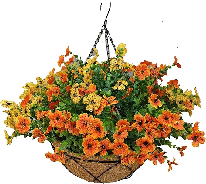 Lamsze Artificial Faux Hanging Plants Flowers Basket for Summer Autumn, Colorful Daisy Flowers Eucalyptus UV Resistant Look Real for Outdoor Outside Porch Decoration