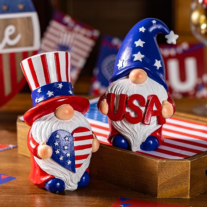 Outdoor Patriotic Garden Gnomes, 2pcs 4th of July Gnome Decor Indoor, Red White Blue Decorations, Gnomes Gifts for Women Mom Grandma