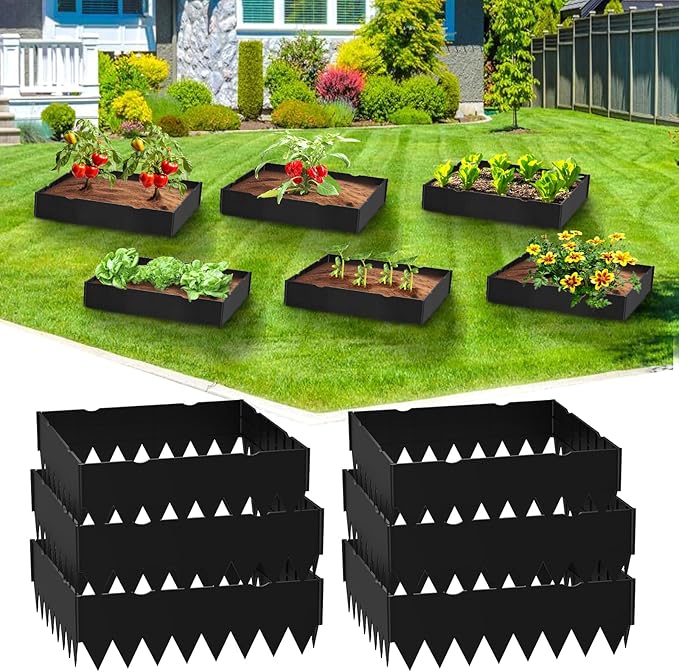 Riokko Planting Grow Rings, Garden Landscape Edging Border Ring, Square 16 Inch, Perfect for Deep Watering Veggies Herbs & Flowers, Protection and Edging of Garden Plants, Pack of 6, Black