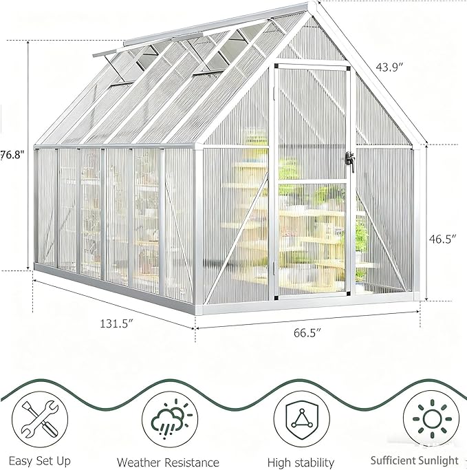 6x11 FT Greenhouse, Heavy Duty Aluminum Polycarbonate Greenhouses for Outdoors with Roof Vent, Easy Assembly, Lockable Door, Large Walk-in Greenhouse for Patio, Backyard, Garden, Silver