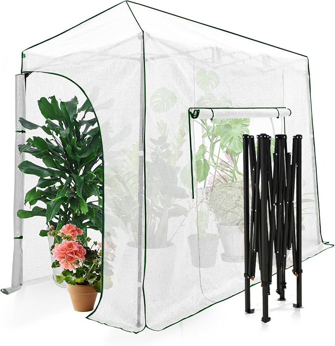 EAGLE PEAK Instant Pop-up Greenhouse, Indoor Outdoor Plant Gardening Green House, Roll-Up Zipper Doors and Side Windows, Lean-to 10x5 ft, PE Cover, White/Clear