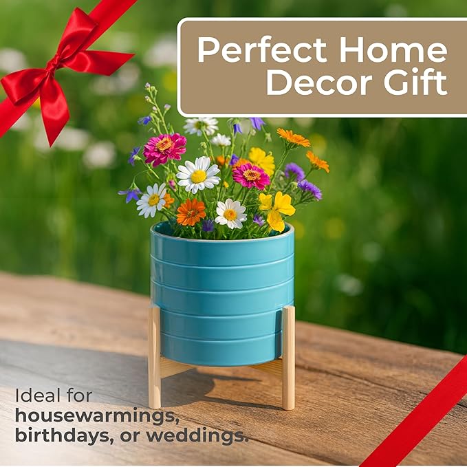 Striped Ceramic Decorative Planter Pot with Stand – Outdoor & Indoor Planter with Stand – Plant Pot for Living Room or Patio – Home Decor, Modern Planters for Indoor Plants – 11", Blue & White