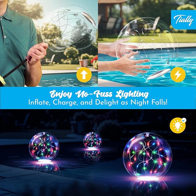 TIALLY Fairy Solar Floating Pool Lights - 14" Inflatable LED Pool Lights for Inground Pool, Waterproof Pool Lights That Float, Pool Decorations Outdoor, Best Gifts for Pool Owners, 2 Pack