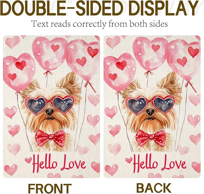 Valentine's Day Yorkie Hello Love Garden Flag, House Yard Plaid Love Heart Outside Decoration, Spring Holiday Wedding Anniversary Outdoor Small Decor 12x18(12624)