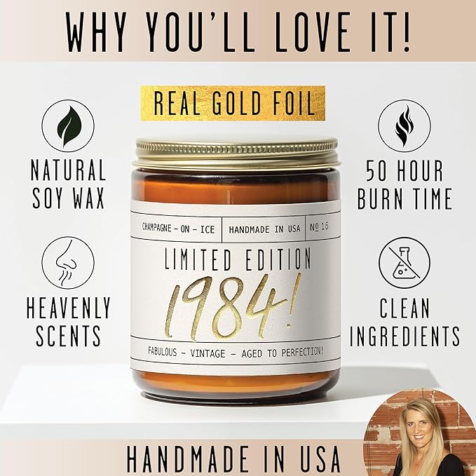 42nd Birthday Gifts for Women - 'Limited Edition 1984' Soy Candle, w/Champagne on Ice I 42 Birthday Gift for Her Ideas I 9oz Reusable Jar, 50Hr Burn, Made in USA